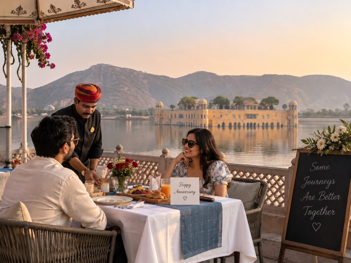 Illustrative couple sharing a lakeside anniversary meal