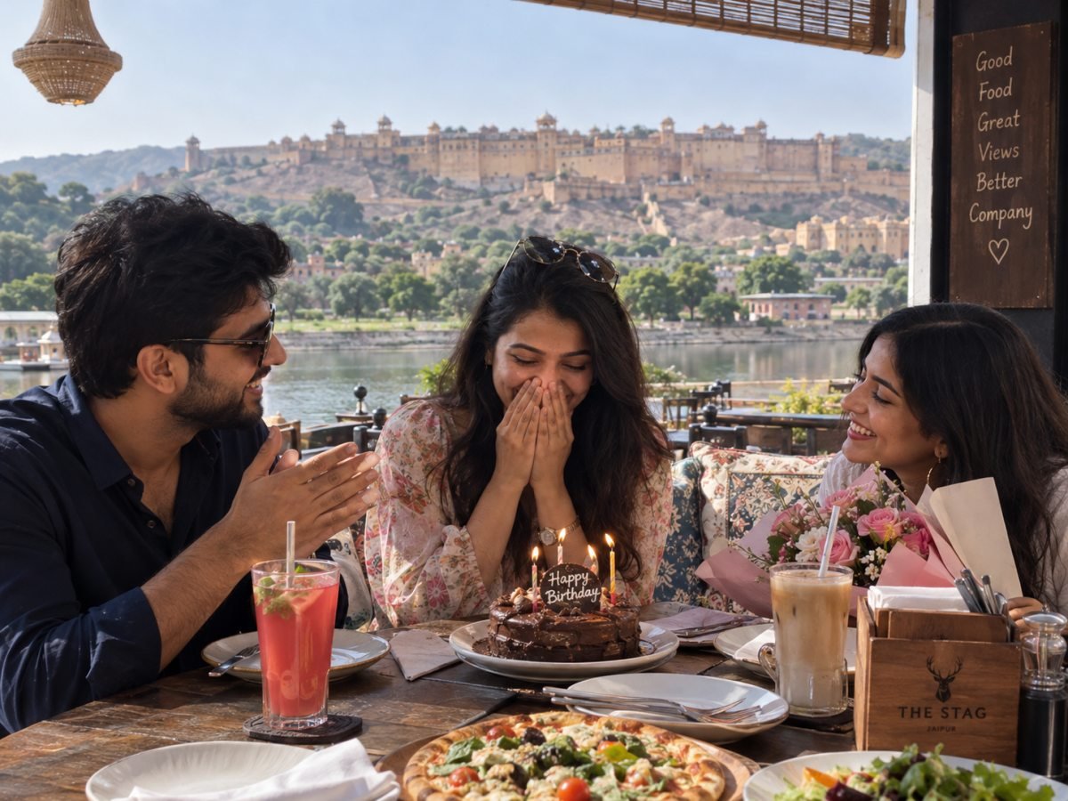 Illustrative birthday celebration with friends and a cake near a fort view