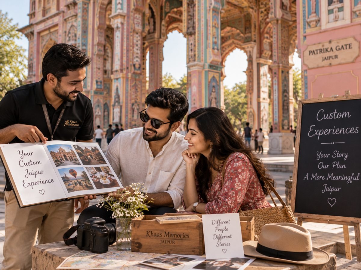 Illustrative couple discussing ideas with a planner near an ornate gateway