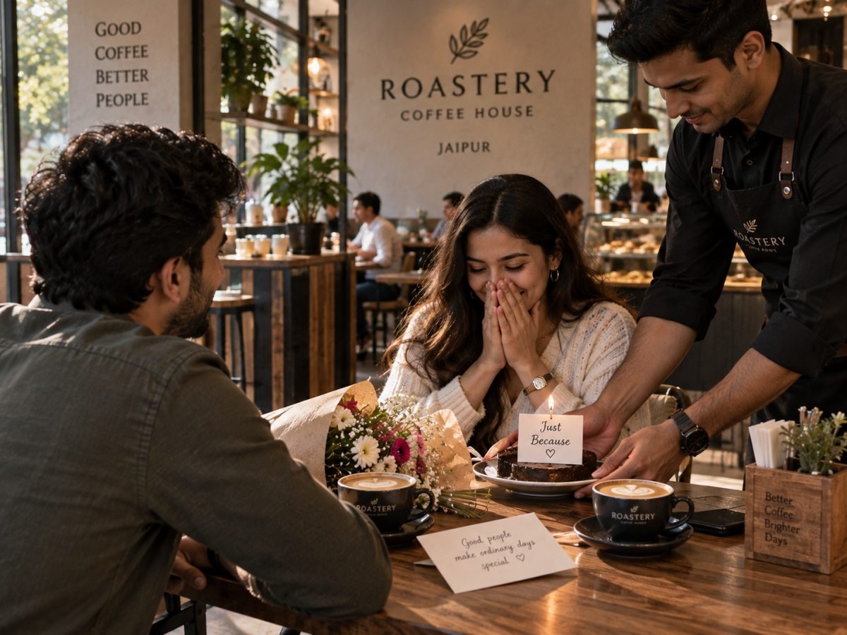 Illustrative cafe surprise with a small gift and note