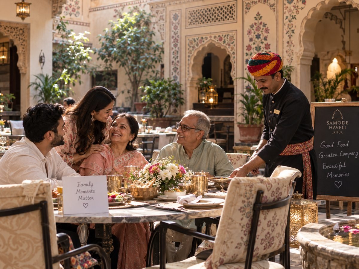 Illustrative parents and adult children sharing a courtyard meal