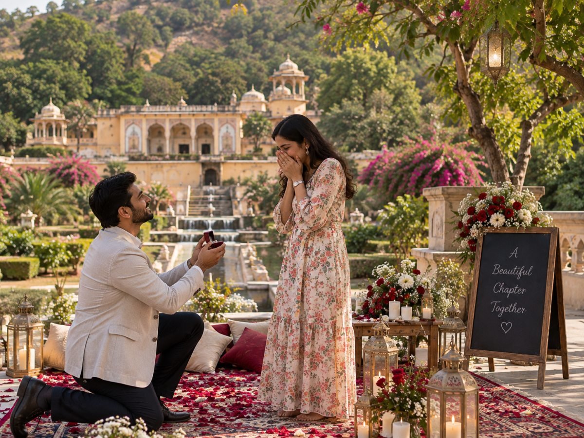 Illustrative couple during a garden proposal