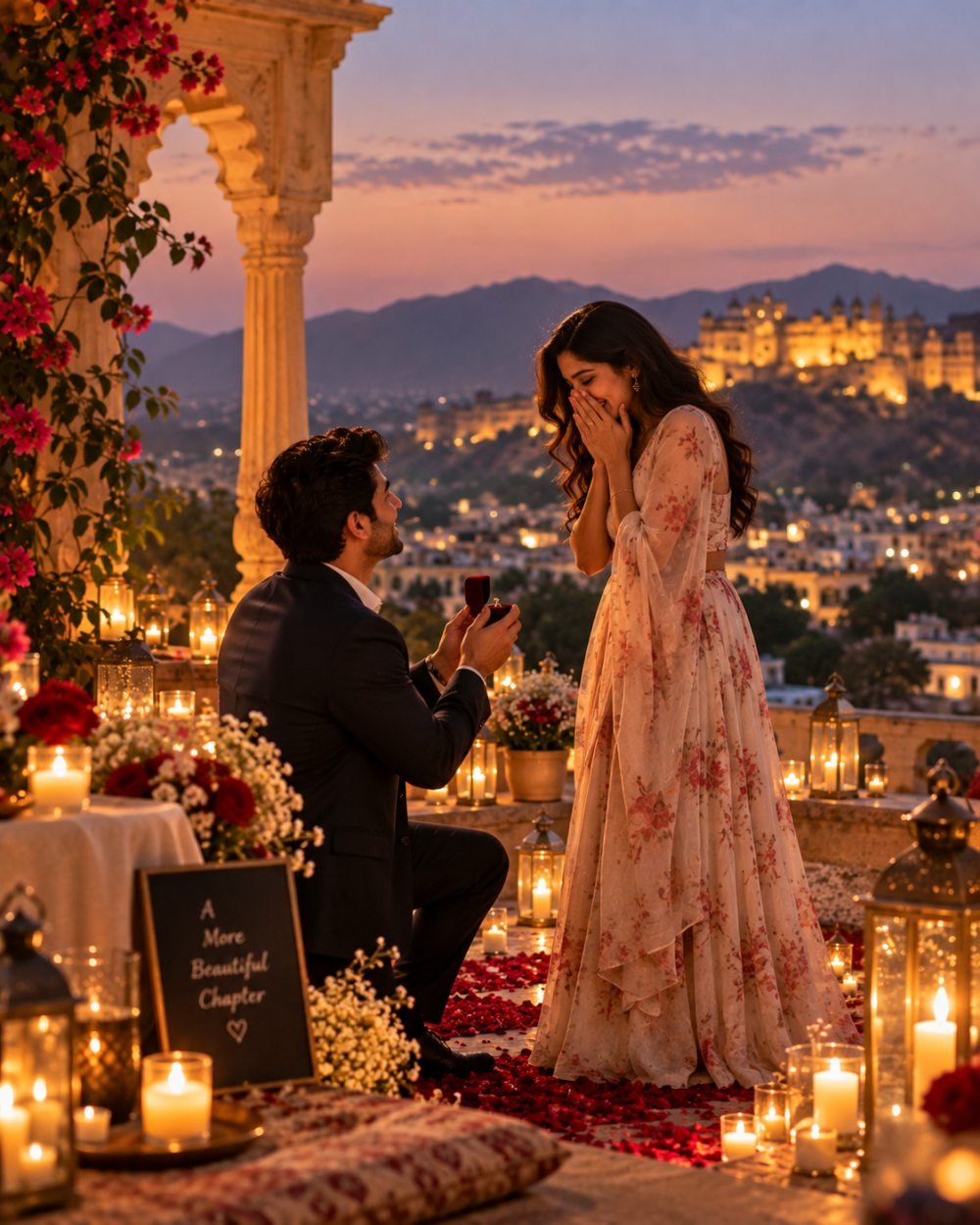 Illustrative candlelit rooftop proposal at sunset