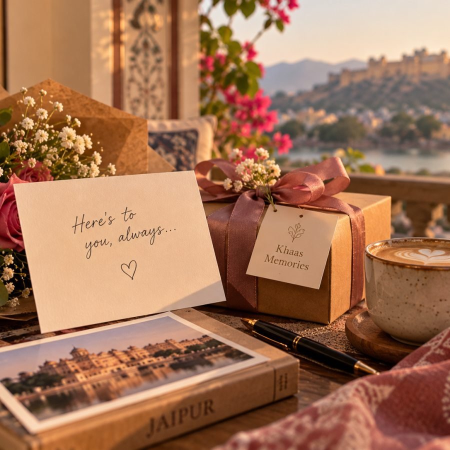 Illustrative handwritten note, gift and flowers at a sunset table