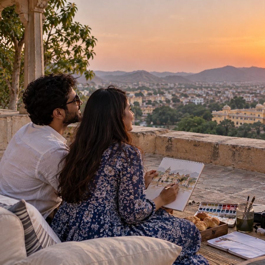 Illustrative couple painting together on a terrace overlooking a city