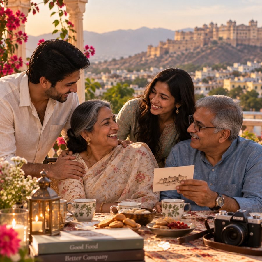 Illustrative parents and adult children enjoying tea together