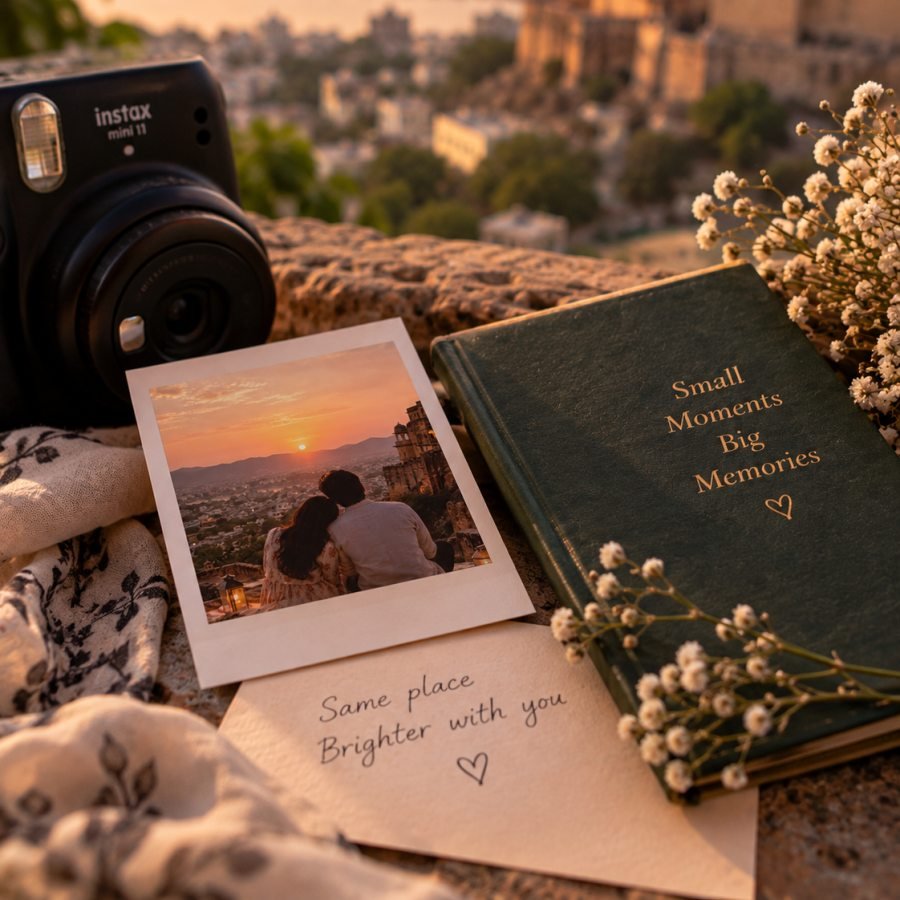 Illustrative travel keepsake photograph held above a table
