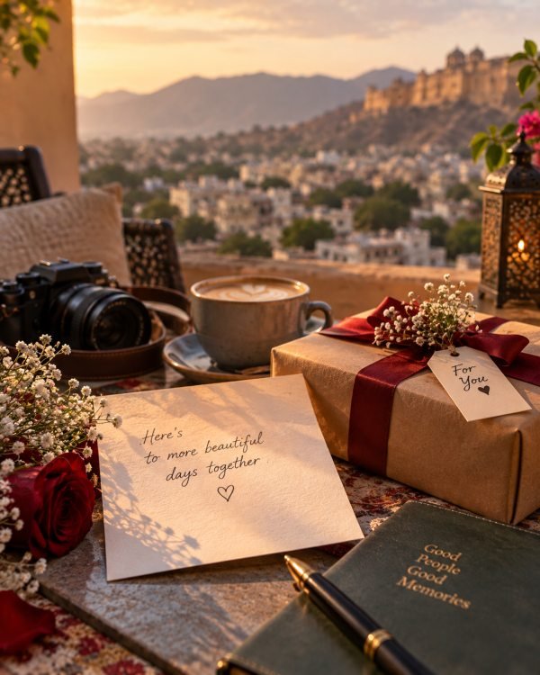 Illustrative keepsake photograph, camera and wrapped gift on a table