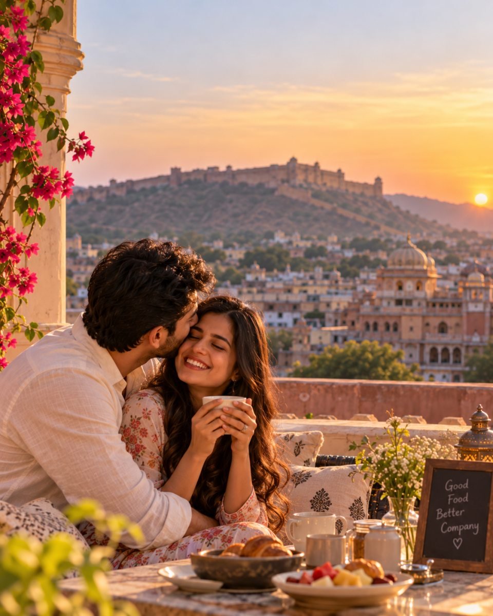 Illustrative couple sharing a quiet moment above a city at sunrise