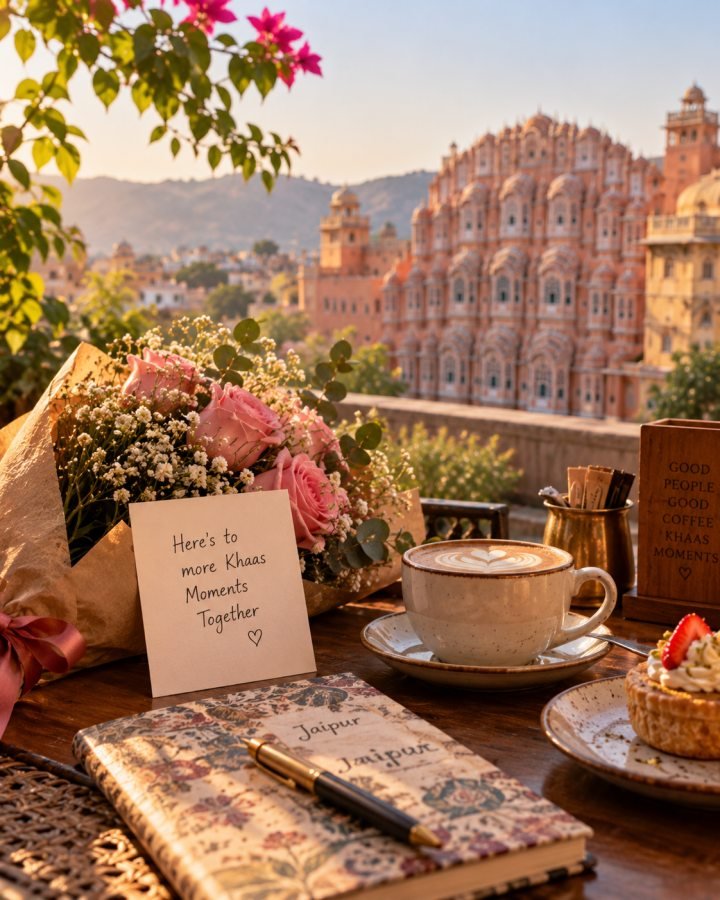 Illustrative tea, handwritten note and photograph on a terrace table